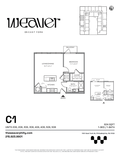 1Bed Floor Plan C1 at The Weaver, Philadelphia, Pennsylvania